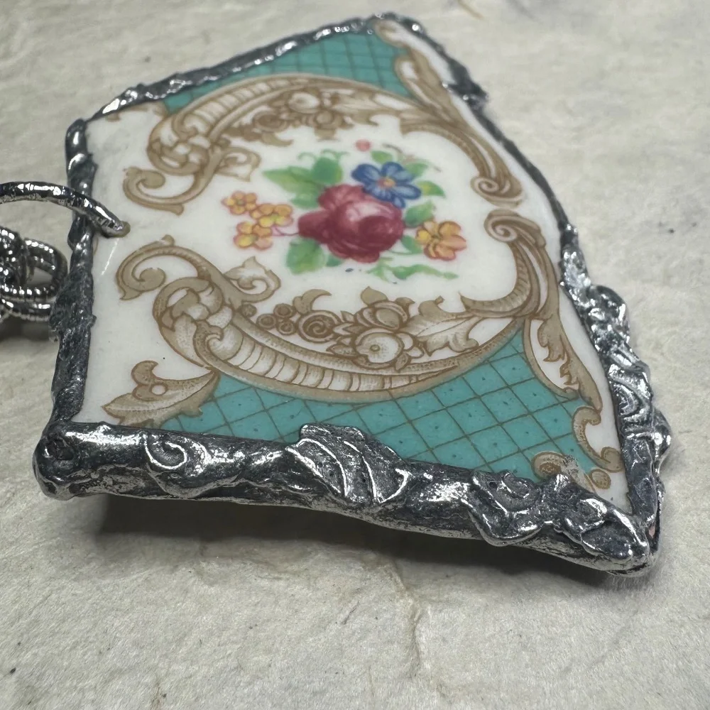 Vintage Floral Broken China Pendant Artisan Handcrafted Cabochon and Necklace